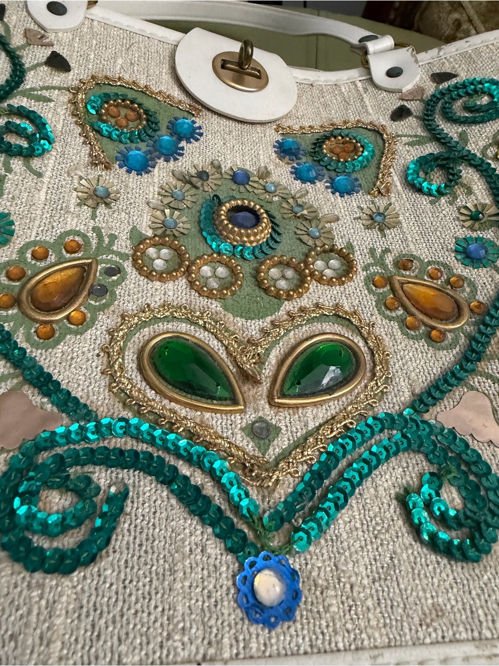 Embroidered White Tote with Teal and Gold Accents - Picture 7 of 12